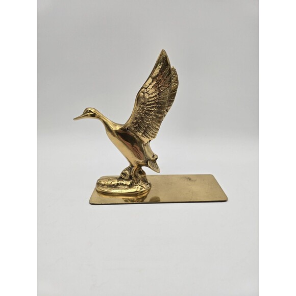 Vintage Brass Duck Wings Up Taking Off Figurine Bookend Paperweight Brass Base - Picture 3 of 11
